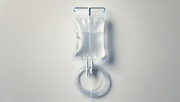Medical IV drip bag against neutral background