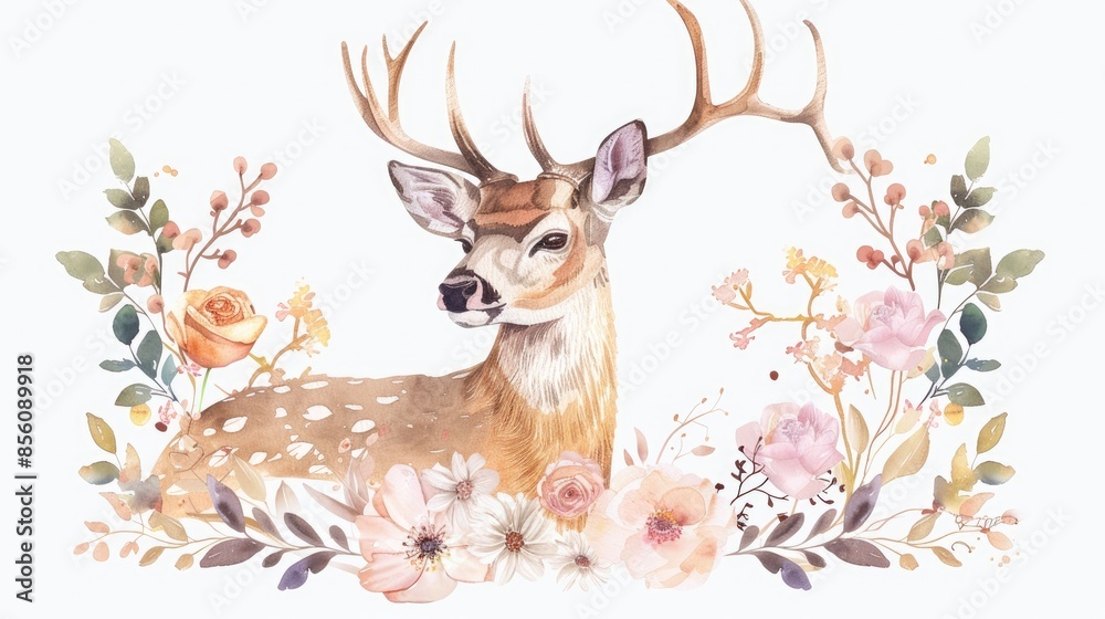 Wall mural A stunning watercolor hand drawn illustration featuring a deer surrounded by a floral wreath captures the essence of a wild animal scene - Wall murals