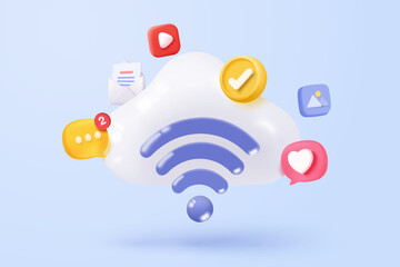 3d wireless connection and sharing network on internet. Hotspot access point for digital and online coverage. Broadcasting area with WiFi. 3d wireless signal icon rendering vector illustration