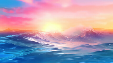 Obraz premium Sunset Ocean Waves. A breathtaking image capturing the serene yet dynamic nature of ocean waves at sunset. The sunlight reflects off the water, creating a spectrum of warm colors