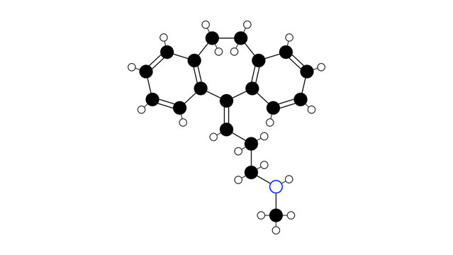 nortriptyline molecule, structural chemical formula, ball-and-stick model, isolated image tricyclic antidepressant