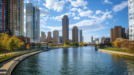 Fototapeta premium High-rise apartments and office buildings lining a scenic river, with a pedestrian walkway in the foreground.