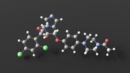 ketoconazole molecule 3d, molecular structure, ball and stick model, structural chemical formula antiandrogen