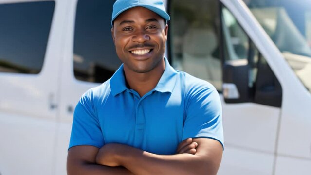 smiling african american deliveryman standing in front of delivery van. transport and logistics services