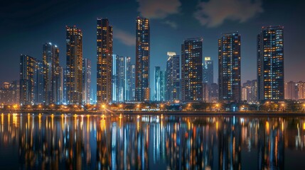 Naklejka premium High-rise buildings illuminated at night, with lights shimmering on the river's surface.