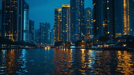 Fototapeta premium High-rise buildings illuminated at night, with lights shimmering on the river's surface.