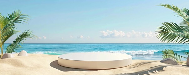 Fototapeta premium 3D podium on a summer beach with golden sand showcasing products against a picturesque backdrop of the ocean and clear sky
