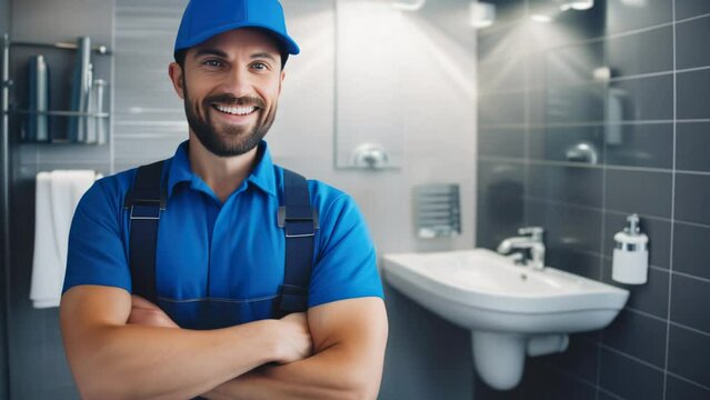 plumbing services. smiling plumber in blue uniform standing in bathroom