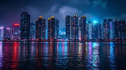 Obraz premium High-rise buildings illuminated at night, with lights shimmering on the river's surface.