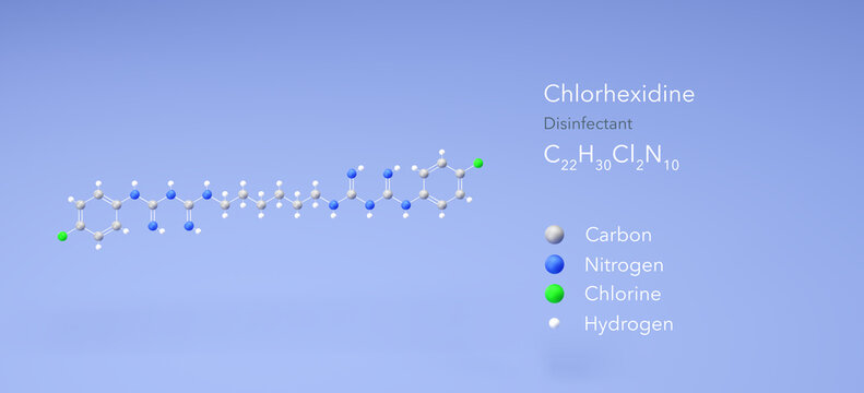 chlorhexidine molecule, molecular structure, disinfectant, 3d model, Structural Chemical Formula and Atoms with Color Coding