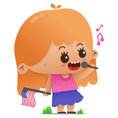 Cute character carrying an American flag while singing