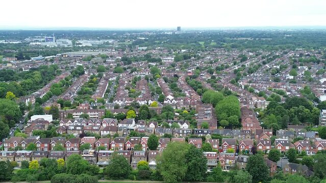 UK houses- Aerial view of residential street in Ealing, West London