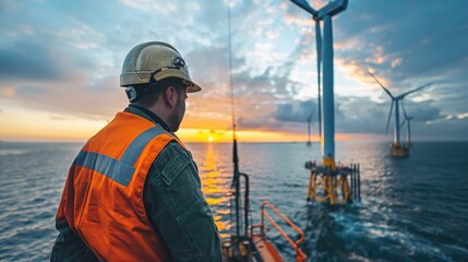 Fototapeta premium Engineers on a floating platform working on an offshore wind farm construction, with turbines being installed in the background