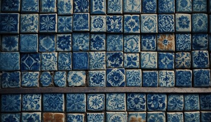 Pattern of vintage blue ceramic tiles