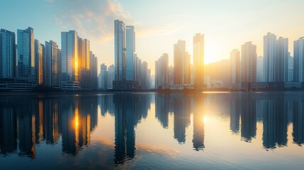 Obraz premium High-rise offices and residential towers reflecting the morning sun, with a river flowing calmly nearby.