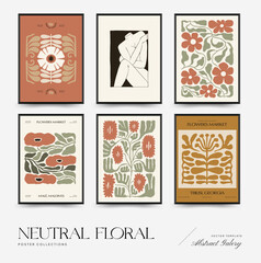 Abstract floral posters template. Modern trendy Matisse minimal style. Pink and blue colors. Hand drawn design for wallpaper, wall decor, print, postcard, cover, template, banner. 