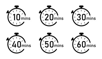 Timer, clock, stopwatch isolated vector icon. Timer icon set, timer from 10 to 60 minutes, vector illustration. 10, 20, 30, 40, 50, 60 min, timer clock.