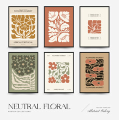 Abstract floral posters template. Modern trendy Matisse minimal style. Pink and blue colors. Hand drawn design for wallpaper, wall decor, print, postcard, cover, template, banner. 