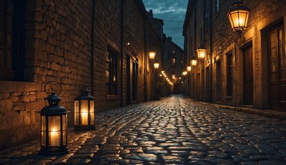 Fototapeta premium Cobblestone street at night with lamps