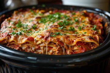 Close-up of a Delicious Lasagna in a Black Crock Pot