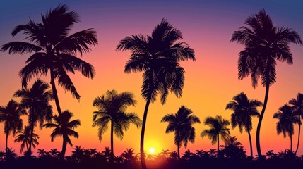 Silhouettes of palm trees against a vibrant tropical sunset.