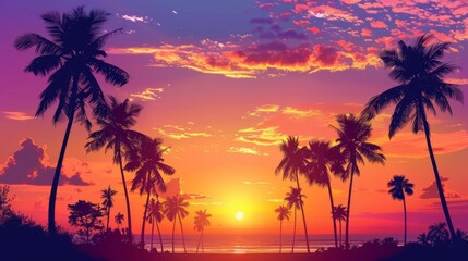 Silhouettes of palm trees against a vibrant tropical sunset.