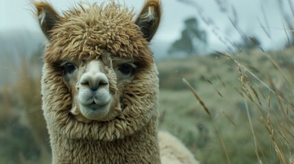 An alpaca with a dense soft fur coat a striking haircut and eyes that seem to be gazing afar
