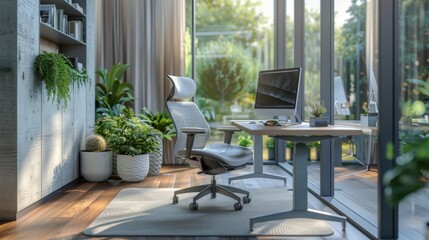 Fototapeta premium A modern office with a large window and a desk with a computer and a keyboard