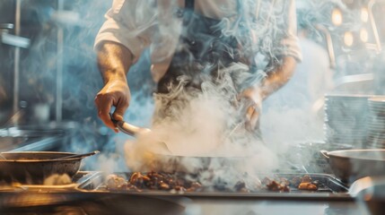 Chef Stir-Frying in Smoky Kitchen