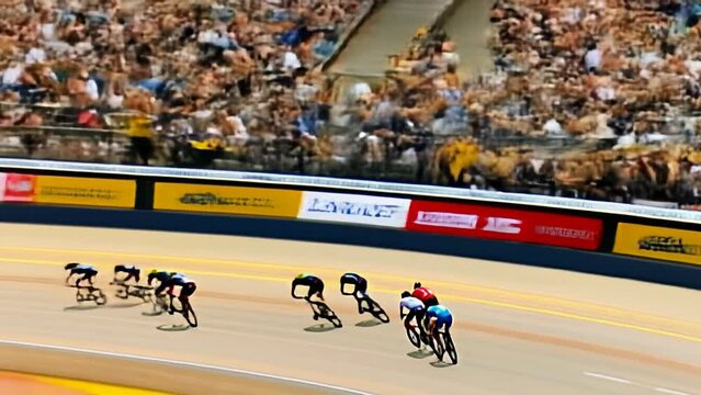 Bicycle racers compete in a velodrome, with crowded stands in the background. The cyclists are focused on the race, creating a dynamic and exciting atmosphere.