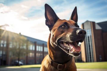 Obraz premium Portrait of a smiling belgian malinois dog while standing against modern university campus background