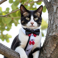 Cat in a bow tie in a tree