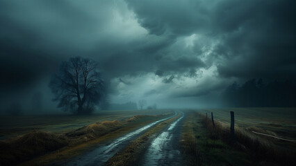Dirt road disappearing into the distance under a dark, cloudy sky