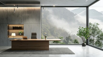 A modern office with a large window overlooking a mountain