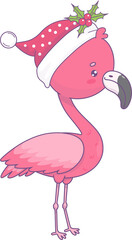 Christmas pink flamingo in Santa hat with holly