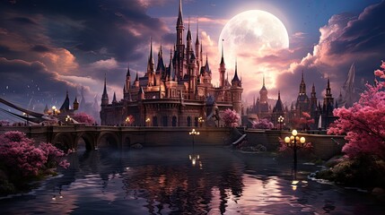 Obraz premium magic fantasy castle in pink sunset lights