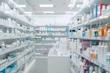 Blurred modern pharmacy with shelves full of medical supplies, including bottles and boxes of pills.