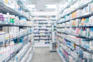 Blurred modern pharmacy with shelves full of medical supplies, including bottles and boxes of pills.