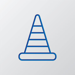 Traffic cone simple icon vector. Flat design. Paper cut design. Cutted blue symbol with shadow. Gray background