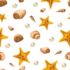 Seamless pattern with different mollusks, starfishes and pearls on white background for textiles, cards, print packaging and boxes.