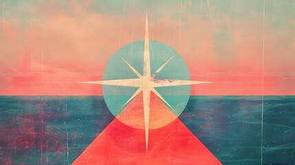 Abstract geometric artwork featuring a compass rose design in vibrant red and blue hues with a vintage texture.