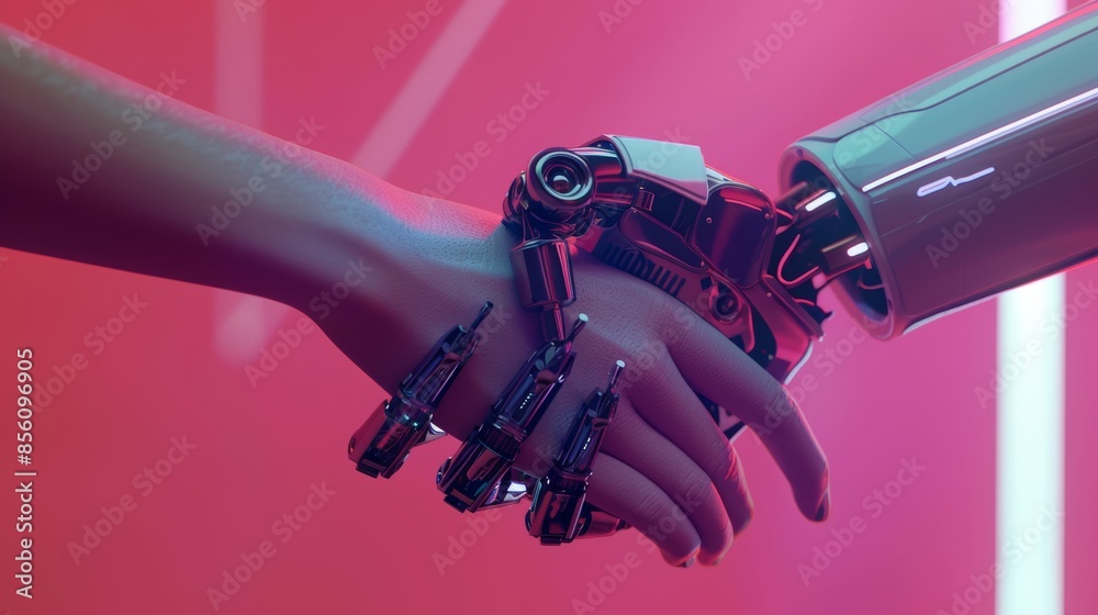 Wall mural futuristic cyber communication female robot and human embrace in realistic handshake design concept