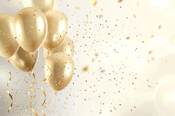 Golden birthday balloons floating against a white backdrop with confetti and ribbons celebrating a joyous anniversary with a touch of elegance