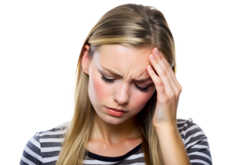 Young woman experiencing a headache, 
holding her forehead in discomfort isolated on white background