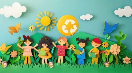 Fototapeta premium School children learning about recycling, future sustainability, colorful and educational, paper cut style