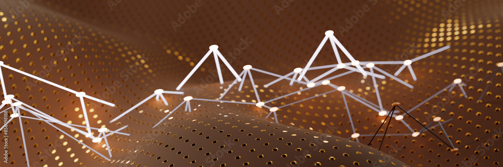 Poster abstract digital landscape with connecting lines and dots on a brown background. 3d rendering