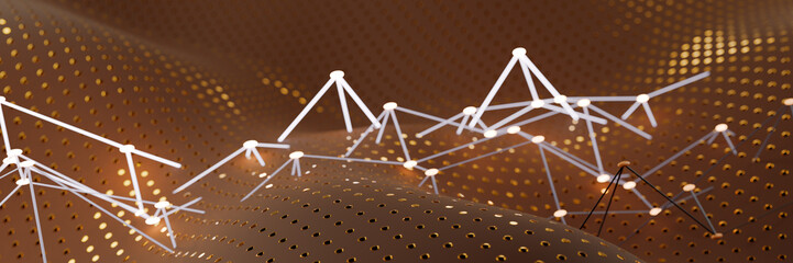 Abstract digital landscape with connecting lines and dots on a brown background. 3d rendering