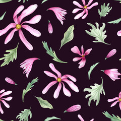 Abstract flying pink flowers and leaves. Seamless pattern of spring blooming plants. Magnolia flower. Watercolor illustration isolated on black background. For textile, package, scrapbook