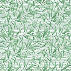 Tropical leaves on striped green background. Green oleander branches. Seamless pattern of olive leaves. Ivy realistic foliage. Watercolor illustration. Floral greenery design for package, textile