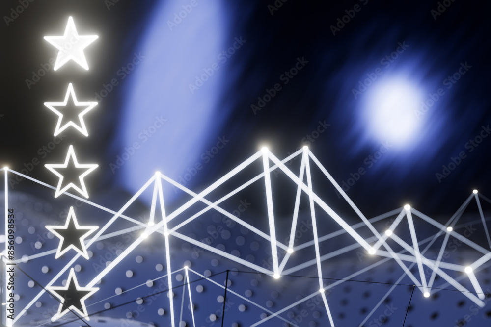 Poster abstract digital glowing rating stars with 5 points and lines a dark background. 3d rendering